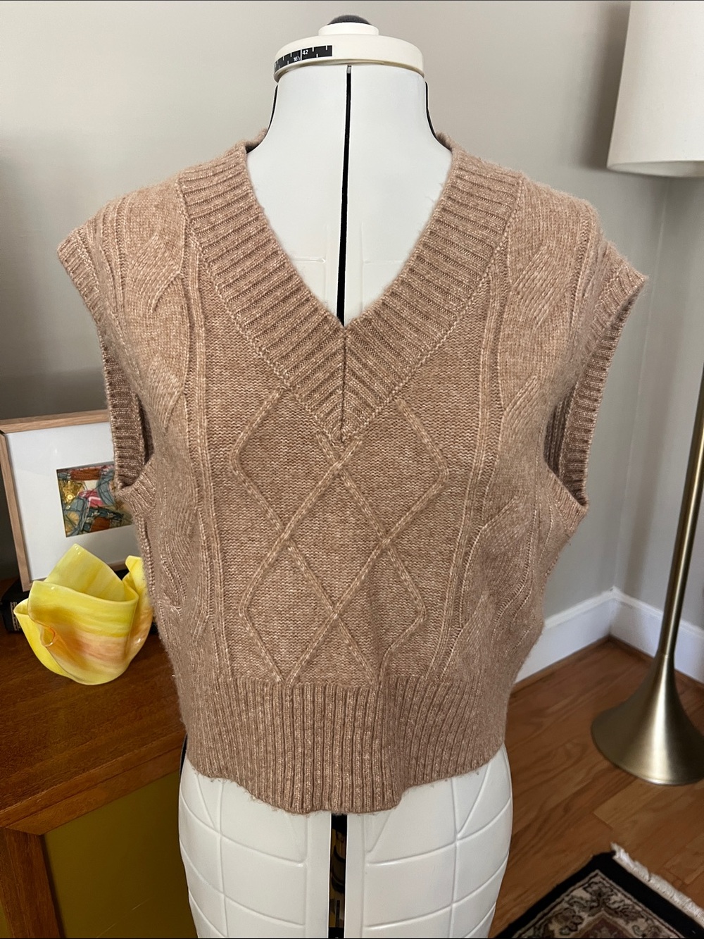 Sincerely Jules Taupe Cable-Knit V-Neck Sweater Vest